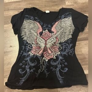 Liberty Black Tee with Wings and Roses Design